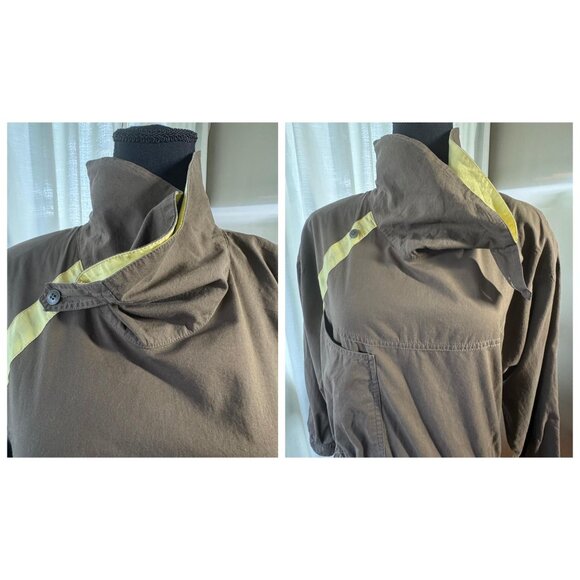 Vintage 80s dress, cocoa brown & yellow, asymmetrical collar, avant-garde style - Picture 3 of 10